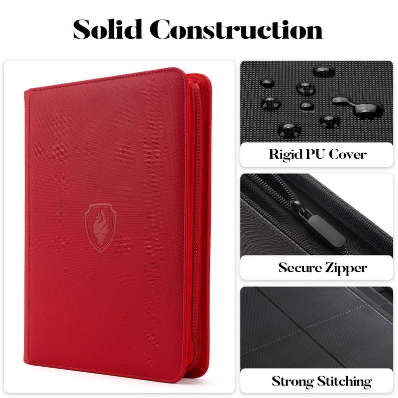 Fabmaker 9 Pocket Zipper Card Binder  Fabmaker 360 Trading Card Holder Book  Premium PU Cover Zip Binder for Cards  Durable Side Loading Card Folders Album for MTG  TCG  Game Cards  Sports Cards  Red - Image 2